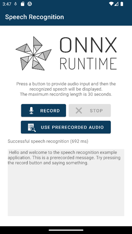 Screenshot of an Android app to perform speech recognition using ONNX Runtime, running a PyTorch Whisper model