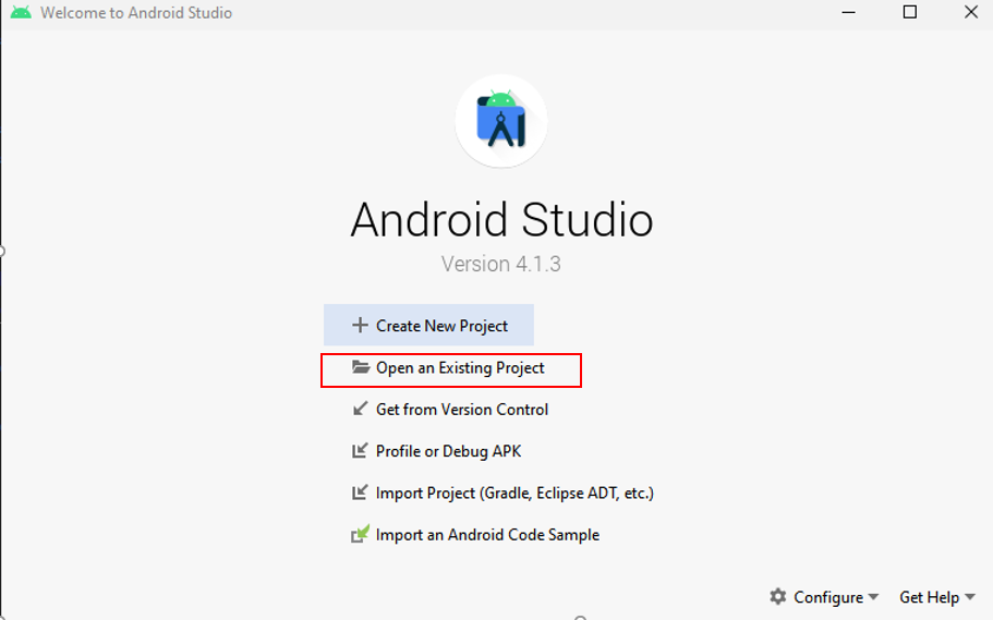 Screenshot showing Android Studio Open an Existing Project